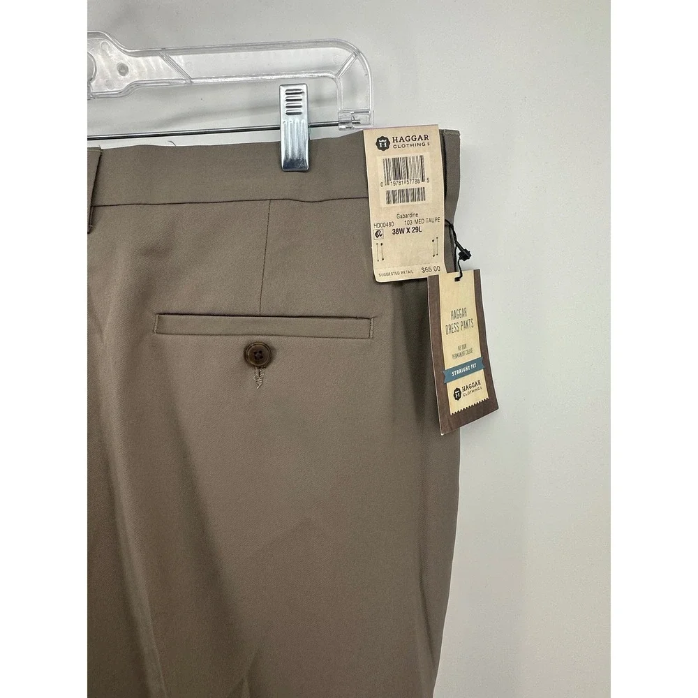 Haggar Mens Dress Pants 38x29 Medium Taupe Straight Fit No Iron Gabardine HB0480
